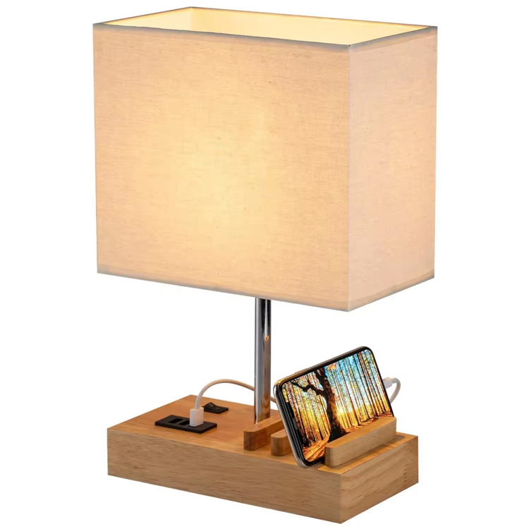 Modernong USB Charging Port Base Wooden Hotel Table Lamp