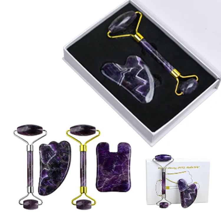 Natural na amethyst jade roller at gua sha facial massager set