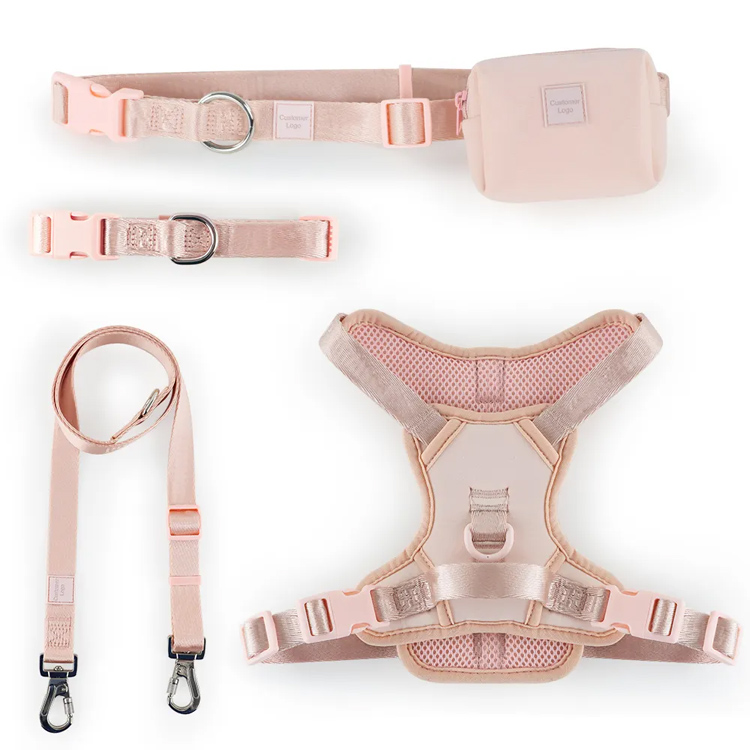 Vest set adjustable padded pet harness na may kwelyo at leash
